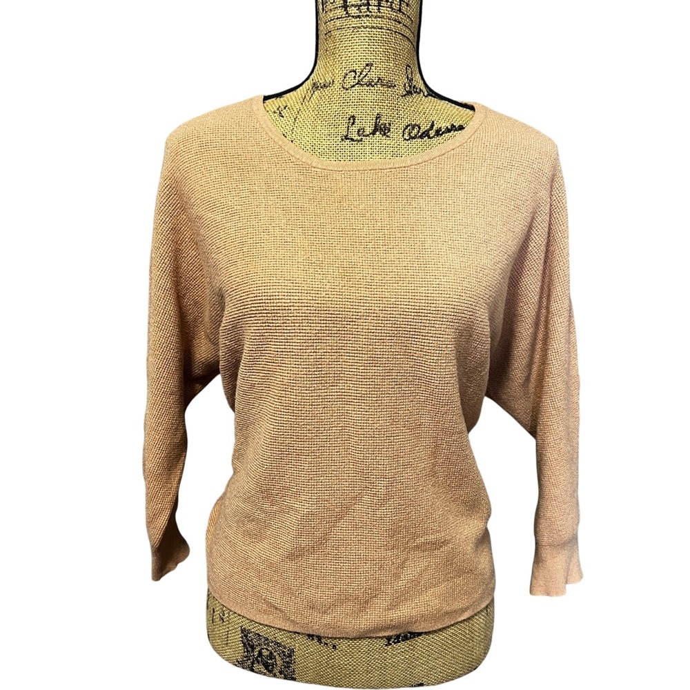 Chloe + Jasmine Medium Tan Knit Pullover Dolman‎ Sleeve Top Waffle Weave Sweater